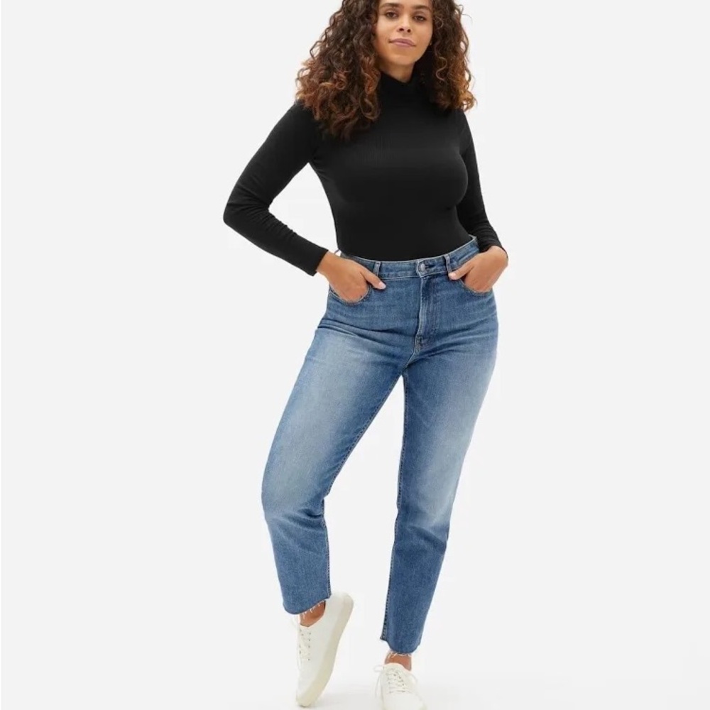 NWT Everlane The Curvy Cheeky Straight Jean High Rise Blue Denim Raw Hem 34x28